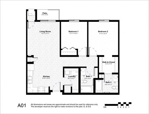 Floor plan for 2 beds, 2 baths, 949 sqft